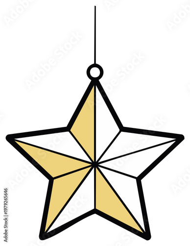 Dangling five-pointed star ornament with gold and white segments on white