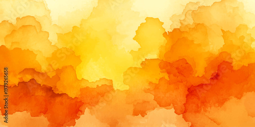 An abstract watercolor painting of a grunge blue sky and vintage paper texture features yellow clouds in a fiery summer cloudscape pattern