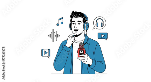 Man with headphones and recorder creating audio content, podcasting, voiceover, sound recording