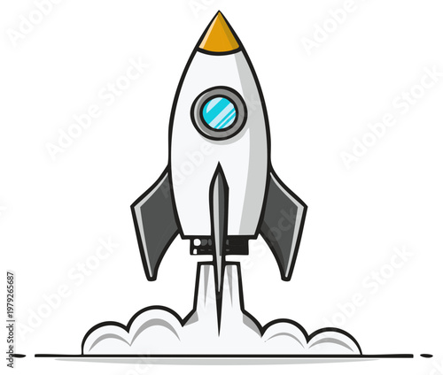 White cartoon rocket launching with smoke clouds and yellow tip