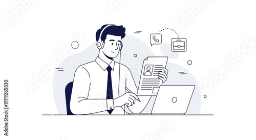 Man with headphones working on resume and laptop, online job search concept