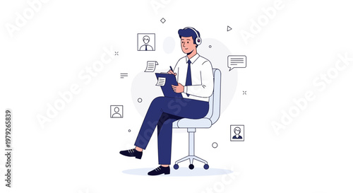 Man with headphones writing on notepad, sitting in office chair, online communication concept