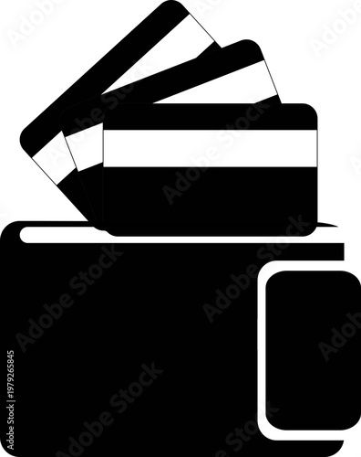 Black wallet with multiple cards icon vector design featuring snap closure and fanned cards for finance, payment, shopping, banking, security, identification, and money management graphics