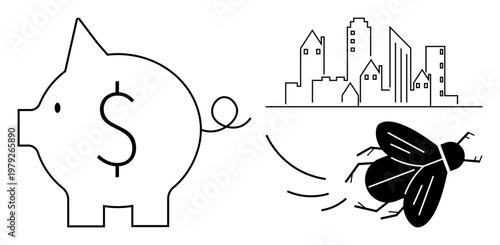 Financial waste, money management, urban economy, cost-efficiency, business strategy, savings. ion of a piggy bank, city buildings and a fly. Financial waste and money management concepts