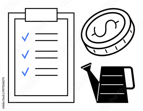 Financial planning, personal finance, investment strategies, goal setting, business growth, wealth management. A checklist, coin and watering can financial planning and growth. Investment