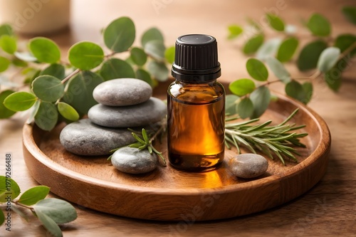 Natural essential oil bottle with greenery