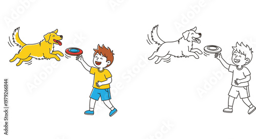 Cute Boy Playing Frisbee with Dog Cartoon Illustration. Includes Colored Version and Black and White Line Art Outline for Kids Coloring Book.