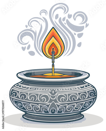 Ornate oil lamp with flickering flame and rising smoke, symbolizing tradition and warmth.