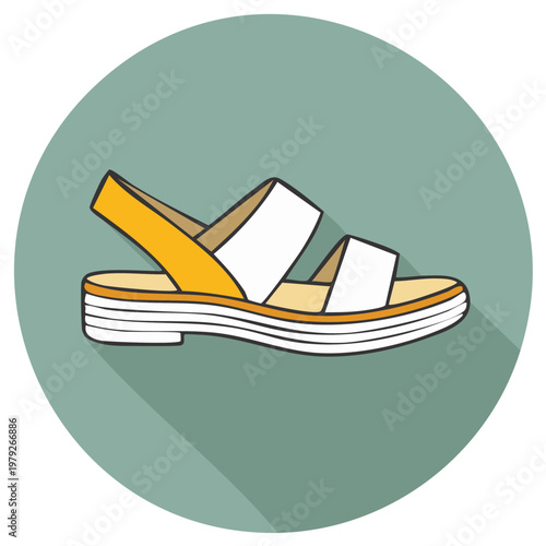 Stylized Flat Illustration of a Fashionable Women's Sandal, Yellow Ankle Strap and Platform Sole Design