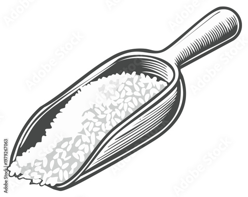Engraved kitchen scoop full of white rice grains vintage style black and white illustration