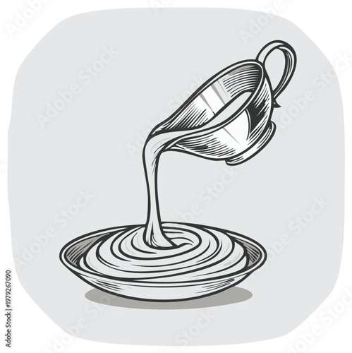 Sauce Boat Gravy Boat Pouring Liquid Into Bowl Graphic Black and White Sketch Illustration