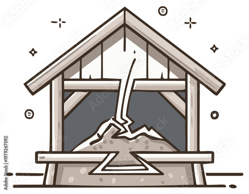 Illustrated structure with cracked earth and abstract elements