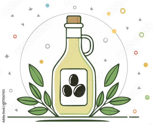 Organic Extra Virgin Olive Oil Bottle Surrounded by Fresh Green Leaves and Decorative Circles