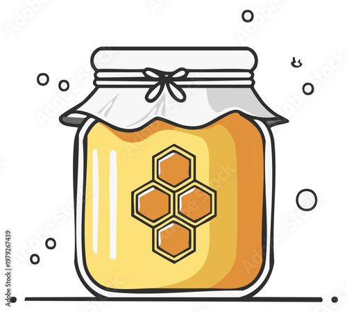 Jar of golden honey with honeycomb pattern and floating bubbles