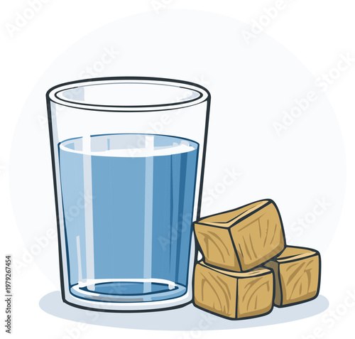 Simple illustration of a glass of cool water and three wooden cubes
