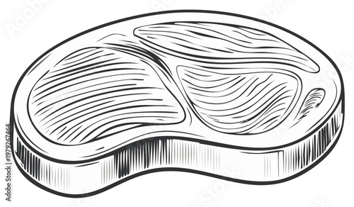 Black and white line art illustration of a raw beef steak, hand-drawn in classic engraving style