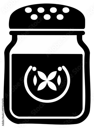 Elegant salt shaker icon with flower graphic, black condiment dispenser