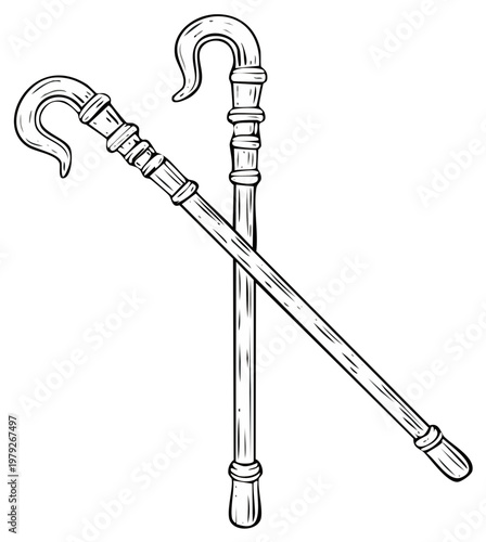 Illustration of two crossed walking sticks in black and white