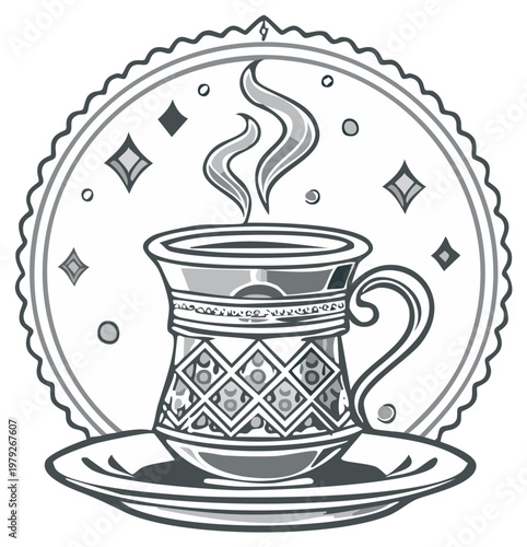 Steaming cup of Turkish tea in ornamented design
