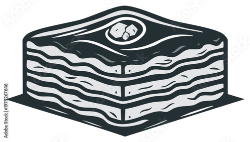 Stylized vector illustration of a single piece of delicious layered baklava sweet dessert with nuts on top
