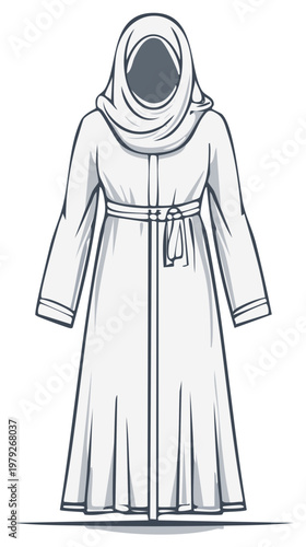 Minimalist Sketch of a Modest Dress with Hood and Belt for Fashion Design Ideas