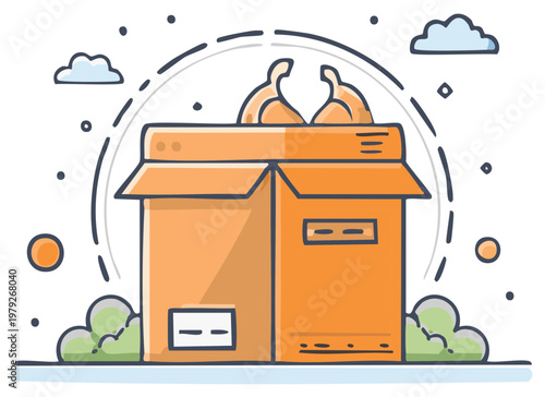 Hand drawn cartoon illustration of an open cardboard shipping box with fresh bananas inside ready for delivery