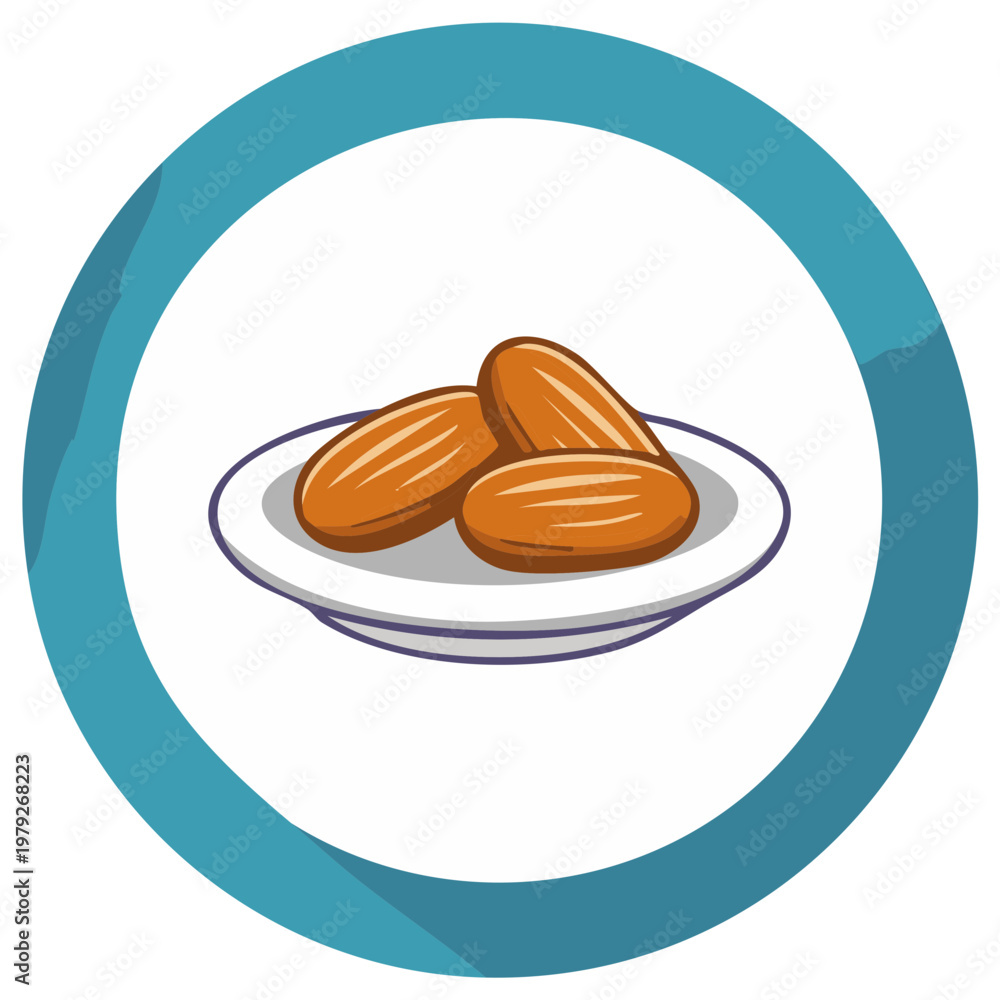 Obraz premium Cartoon-style almonds on a plate within a teal circle, food illustration