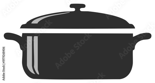 Simple black cooking pot with lid and handles, vector illustration icon