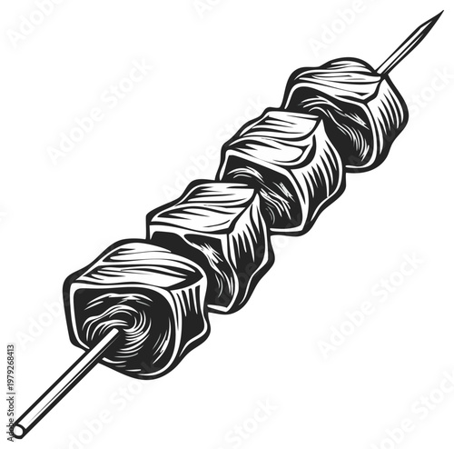 Skewered Meat Cubes Shish Kebab Grill Black and White Simple Food