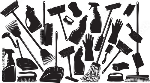 Collection of cleaning tools and supplies in black silhouette