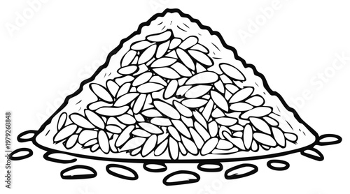 Hand drawn black and white outline art of a large pile of cereal grains a natural staple food ingredient