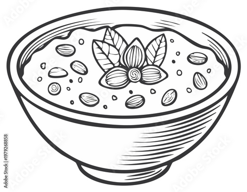 Doodle drawing of a bowl with almonds and basil leaves, detailed line art illustration. Vegetarian food.
