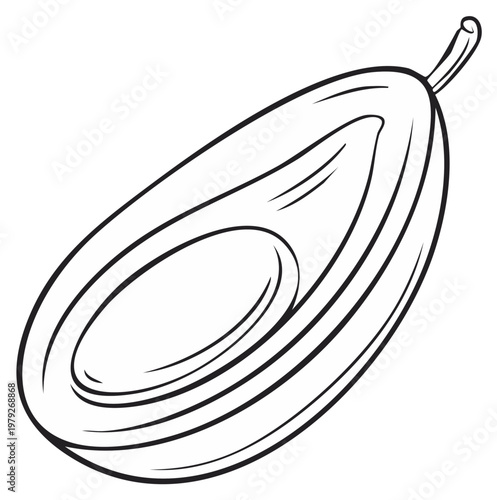 Halved date fruit in line art, showing flesh and pit, stylized black and white drawing