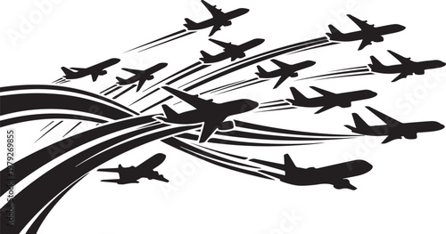 Airplanes flying in formation with motion lines and trails