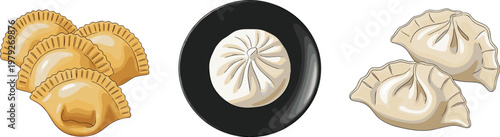 Flat vector dumpling variety set featuring steamed bao gyoza and fried dumplings Asian cuisine food collection isolated on light background