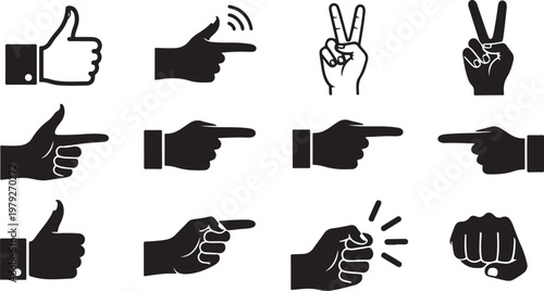 Hand gestures icons set in black and white colors