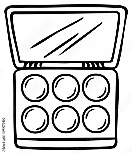 Cosmetic palette illustration, make-up kit with mirror, outlined monochrome drawing