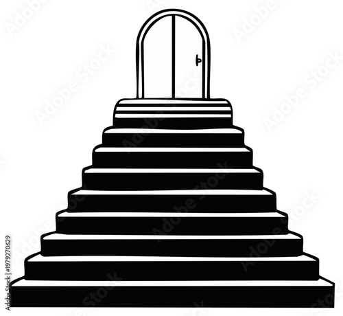 Stylized staircase climbs upward, a gateway to transformation, a journey to open the door, a threshold in black and white