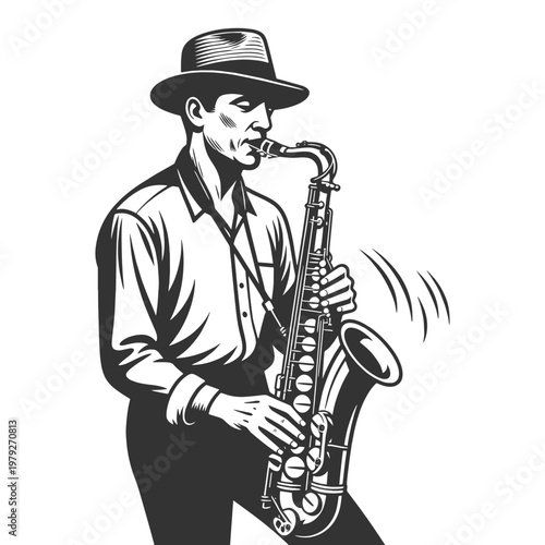 jazz musician playing saxophone, featuring expressive shading and a classic vintage engraving style sketch engraving generative ai vector illustration. Scratch board imitation. Black and white image.