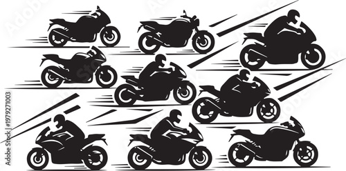 Motorcycle riders in motion silhouettes on white background illustration