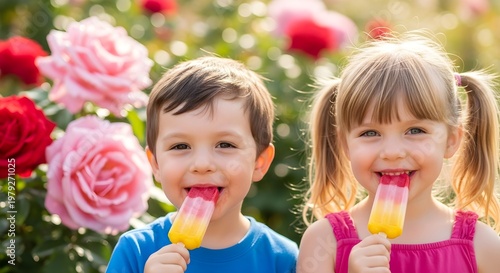 Children eating ice pops in a garden