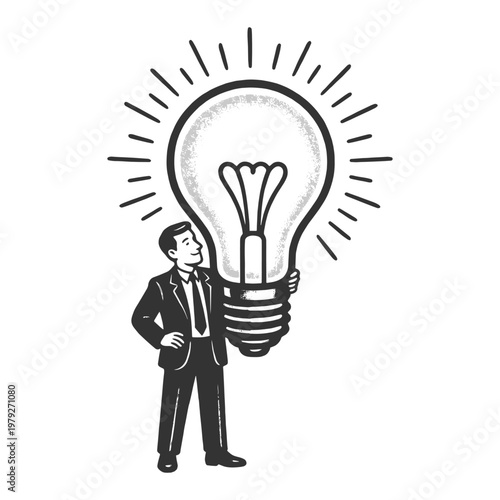 businessman presenting a giant glowing light bulb, innovation, creativity, startup ideas, and business success sketch engraving generative ai fictional character vector illustration. Scratch board.