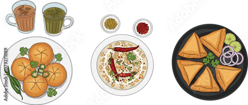 Flat vector Indian street food set featuring samosa chaat pav bread tea and spices traditional cuisine illustration isolated on light background