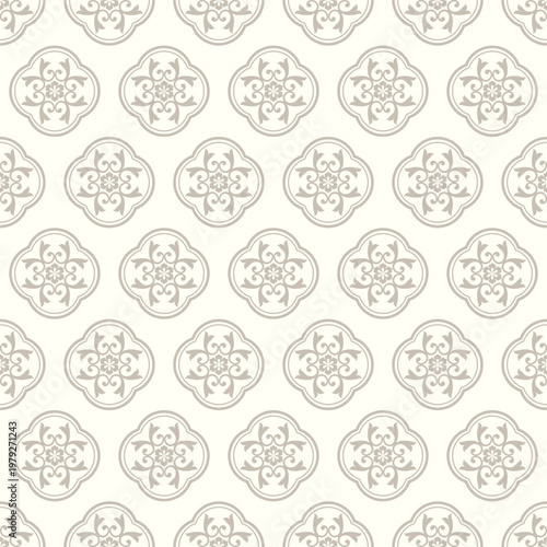 Elegant Seamless Damask Quatrefoil Tile Pattern Vector in Neutral Taupe and Cream for Wedding Invitations