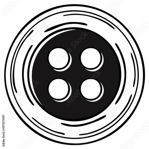 Simple black four hole sewing button with outline and swirl pattern
