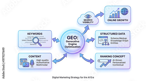 Visual diagram of generative engine optimization GEO representing structured data keyword and content flow for digital marketing search visibility ranking strategy and online growth analytics