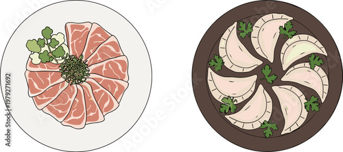 Flat vector gourmet dish set featuring sliced salmon sashimi and dumpling platter Asian cuisine food illustration isolated on light background