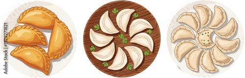 Flat vector dumpling platter collection featuring fried empanadas and steamed gyoza arranged on plates Asian cuisine food illustration isolated