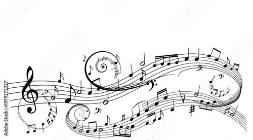 "Musical Notes and Staves Illustration in Black and White for Music, Sound, and Artistic Design Projects"