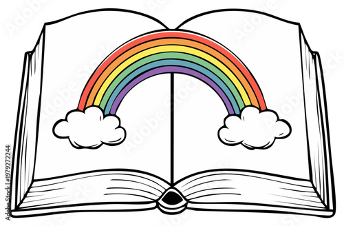 Open book illustration with rainbow and clouds art, story concept, imagination clipart